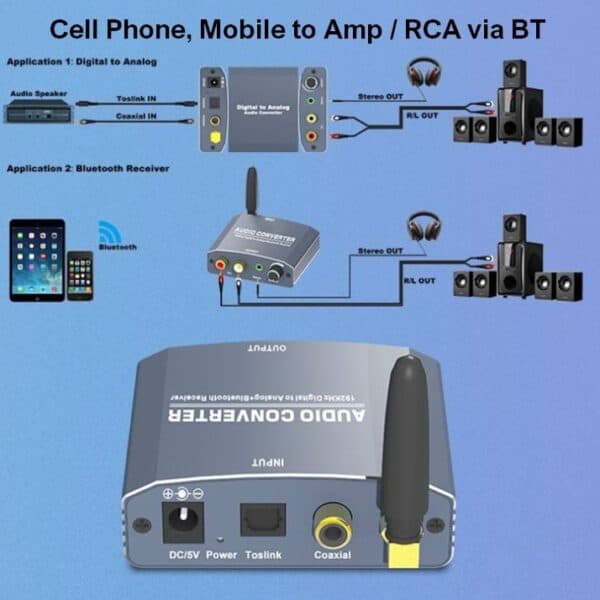 cell phone to amp rca via bluetooth bt digital to analog audio converter toslink 1